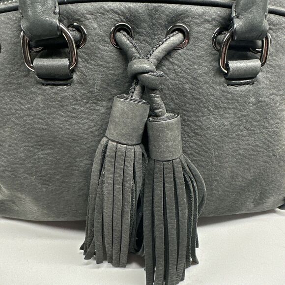 REBECCA MINKOFF Grove Suede Leather Handbag Dark Grey Tassel Top Handle Purse - Picture 2 of 16
